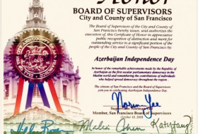 San Francisco issues Certificate of Honor on Azerbaijan’s Independence Day