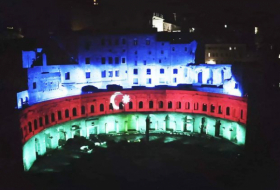   Mercati di Traiano monument complex of Ancient Rome lightened with colors of Azerbaijan's flag  