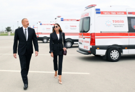  President Ilham Aliyev and first lady Mehriban Aliyeva view new ambulances delivered to Azerbaijan - UPDATED